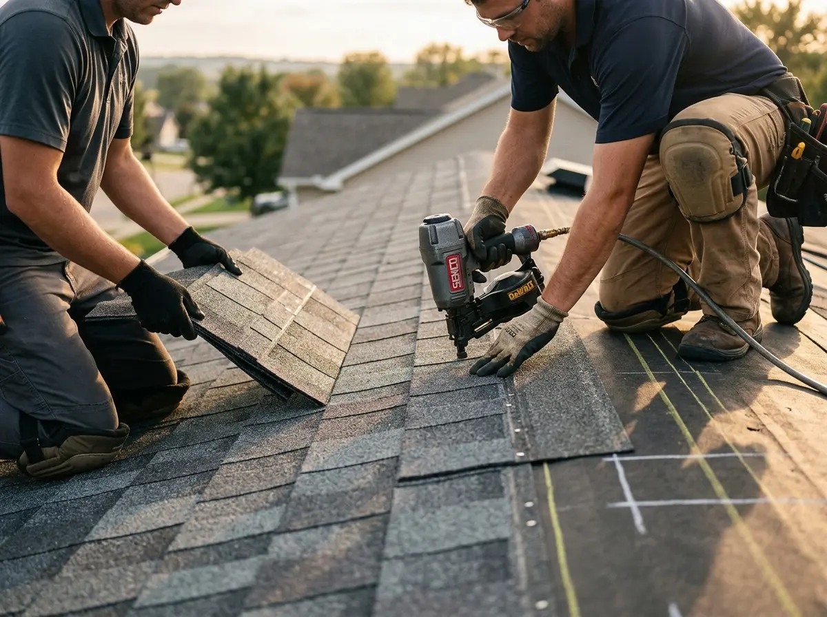 Professional roofer working on a residential roof in Spring Arbor